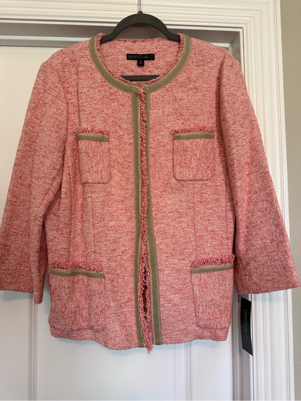 Lafayette 148 New York Pink Tweed Fringe Trim beige Trim Jacket